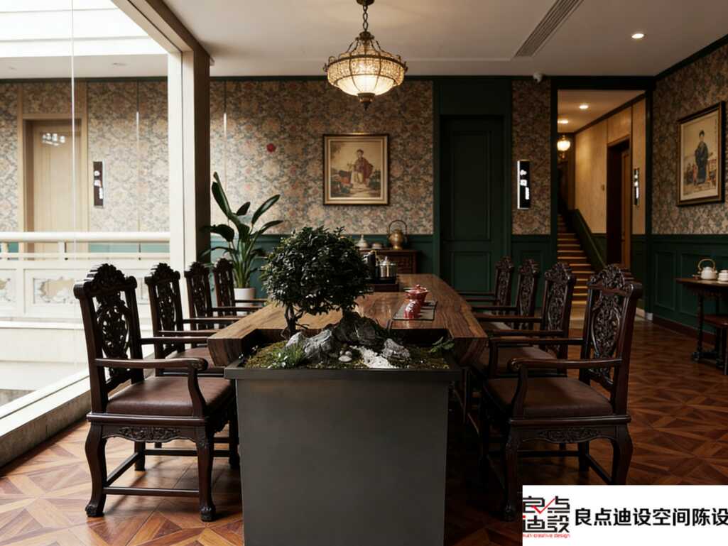 爆款茶楼装修软装设计揭秘!复古绿+木质风，打造出圈茶馆就靠它!​